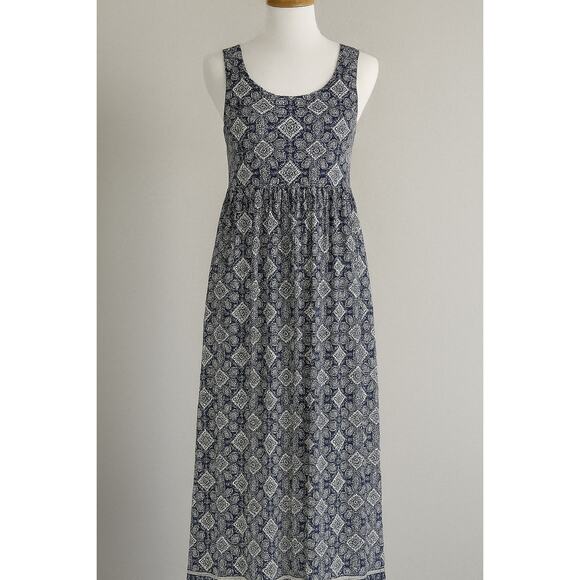 Essentials‎ Sleeveless Navy White Patterned Maxi Dress Scoop Neck Size L - Picture 1 of 8